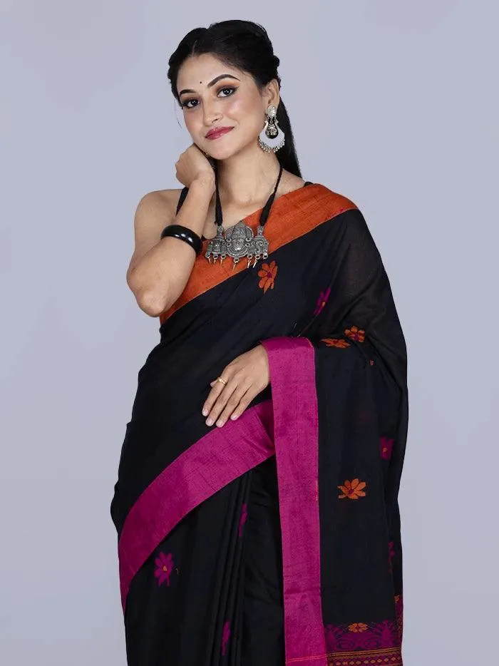 Black Par Anchal Buti Cotton Saree