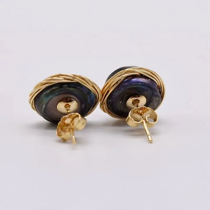 Black Pearl Stud Earrings - Handmade-  Natural Cultured - Fresh Water Baroque