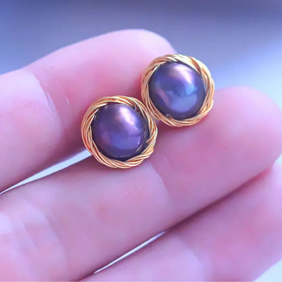 Black Pearl Stud Earrings - Handmade-  Natural Cultured - Fresh Water Baroque