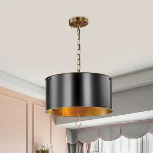 Black Pendant Light Kit with Metallic Drum Shade for Living Room - Traditional Hanging Lamp