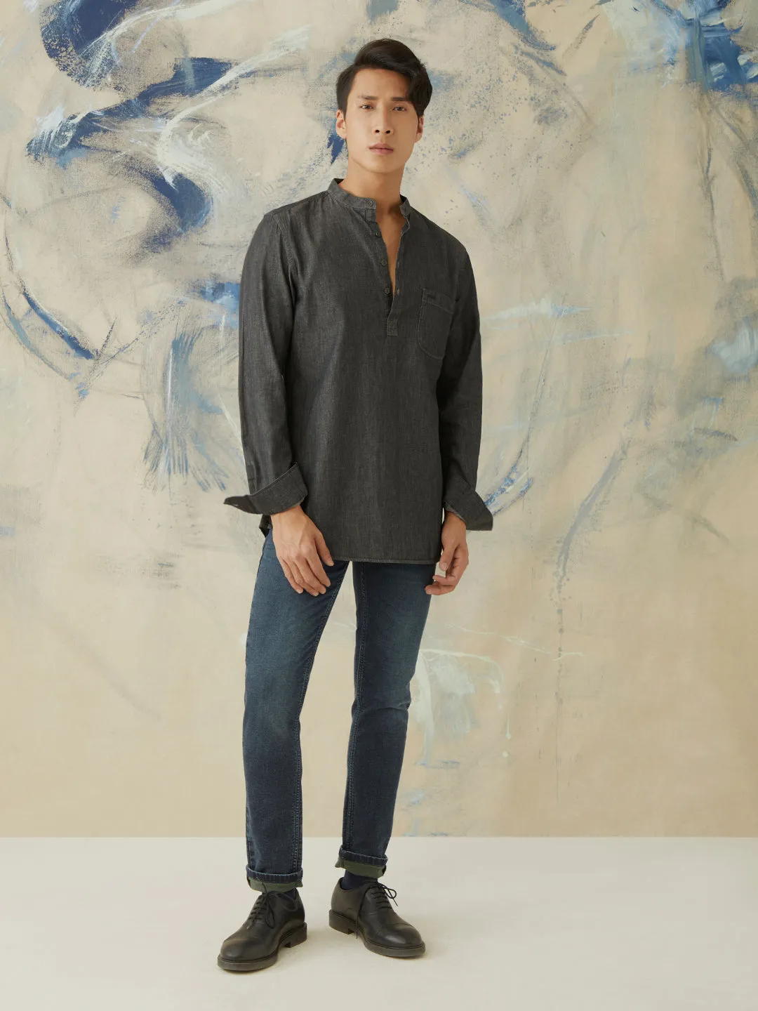 Black Plain Denim short kurta