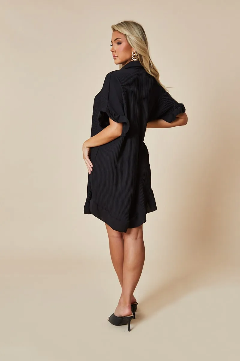 Black Plisse Detail Frill Hem Oversized Dress - Sakura