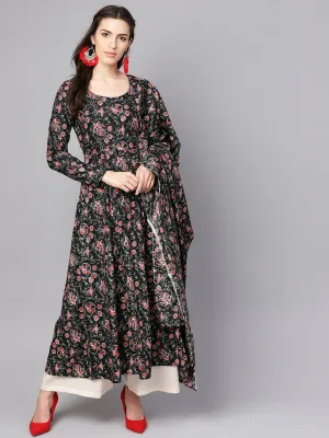 Black printed full sleeve rayon kurta with dupatta and solid beige palazzo