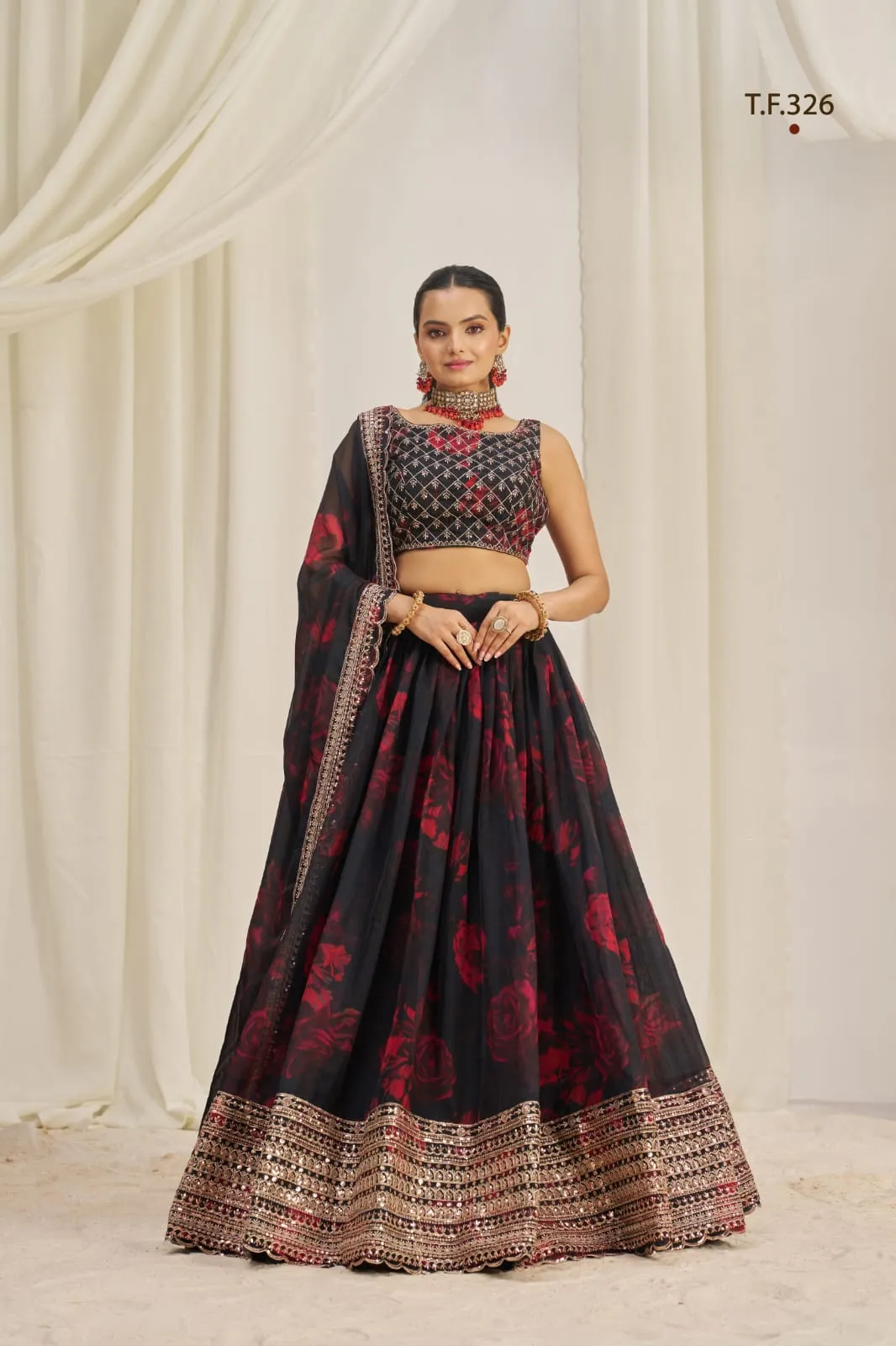 Black Printed Organza Semi-Stitch Lehenga Choli with Zari, Dori, and Sequins Work