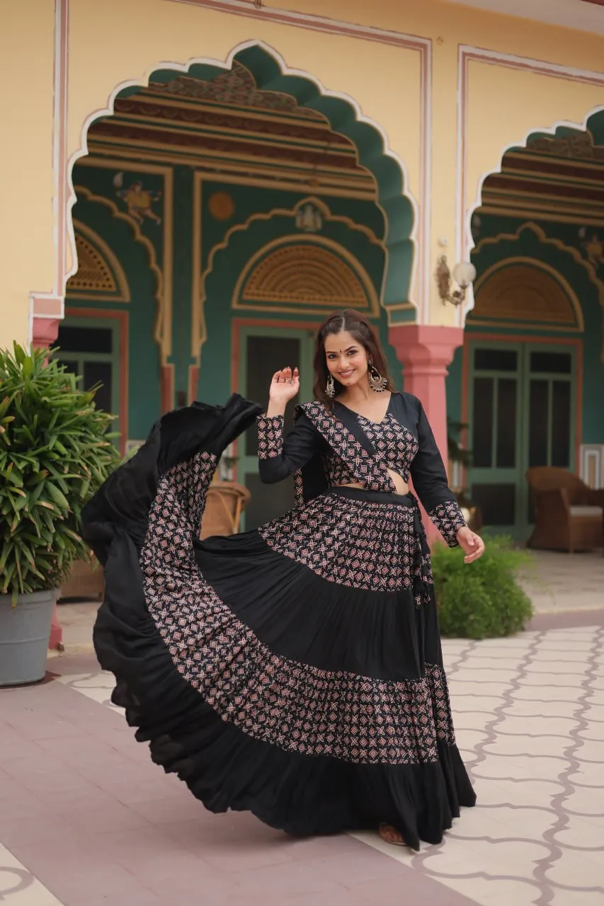 Black Printed Rayon Lehenga Choli Set with 4-Layer Frill Stitch