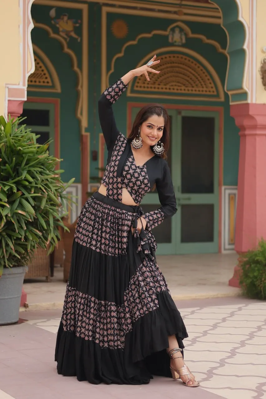 Black Printed Rayon Lehenga Choli Set with 4-Layer Frill Stitch