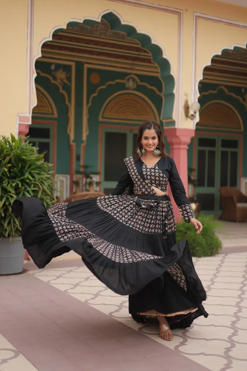 Black Printed Rayon Lehenga Choli Set with 4-Layer Frill Stitch