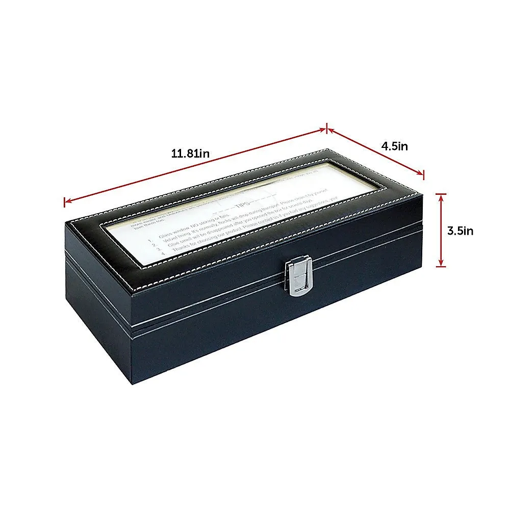 Black PU Leather 6 Slot Watch Display Case with Glass Lid