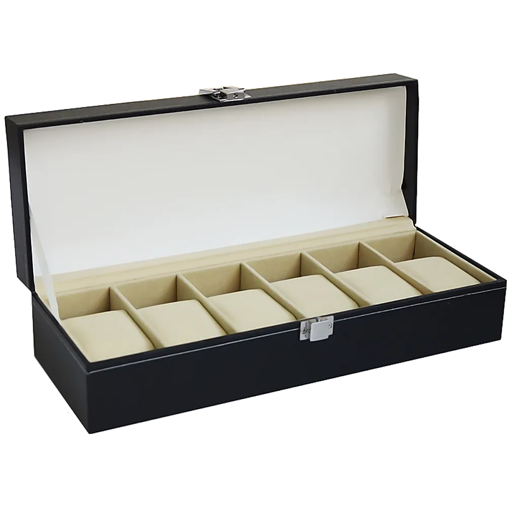 Black PU Leather 6 Slot Watch Display Case with Glass Lid