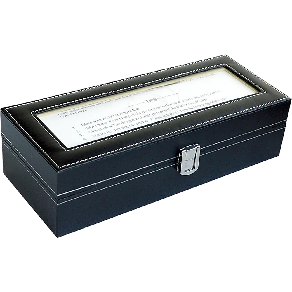 Black PU Leather 6 Slot Watch Display Case with Glass Lid