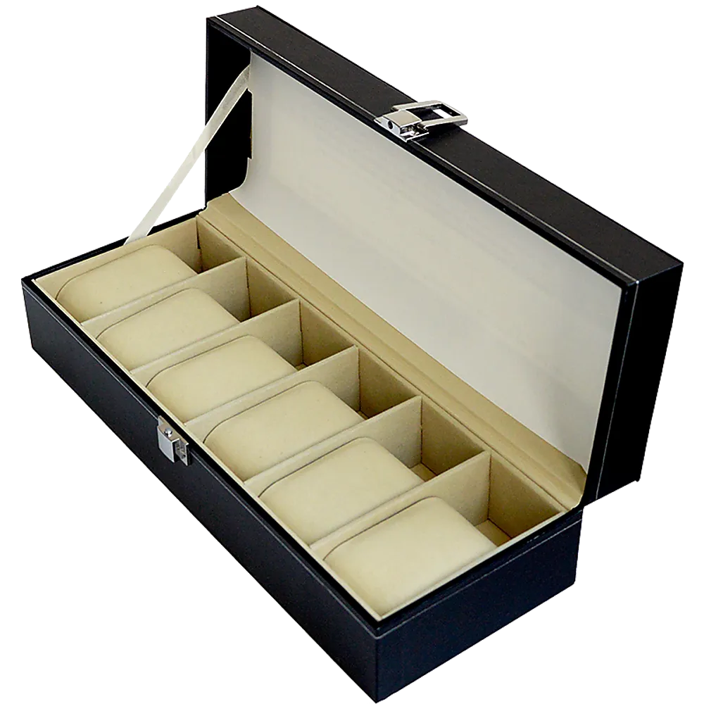 Black PU Leather 6 Slot Watch Display Case with Glass Lid