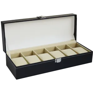 Black PU Leather 6 Slot Watch Display Case with Glass Lid