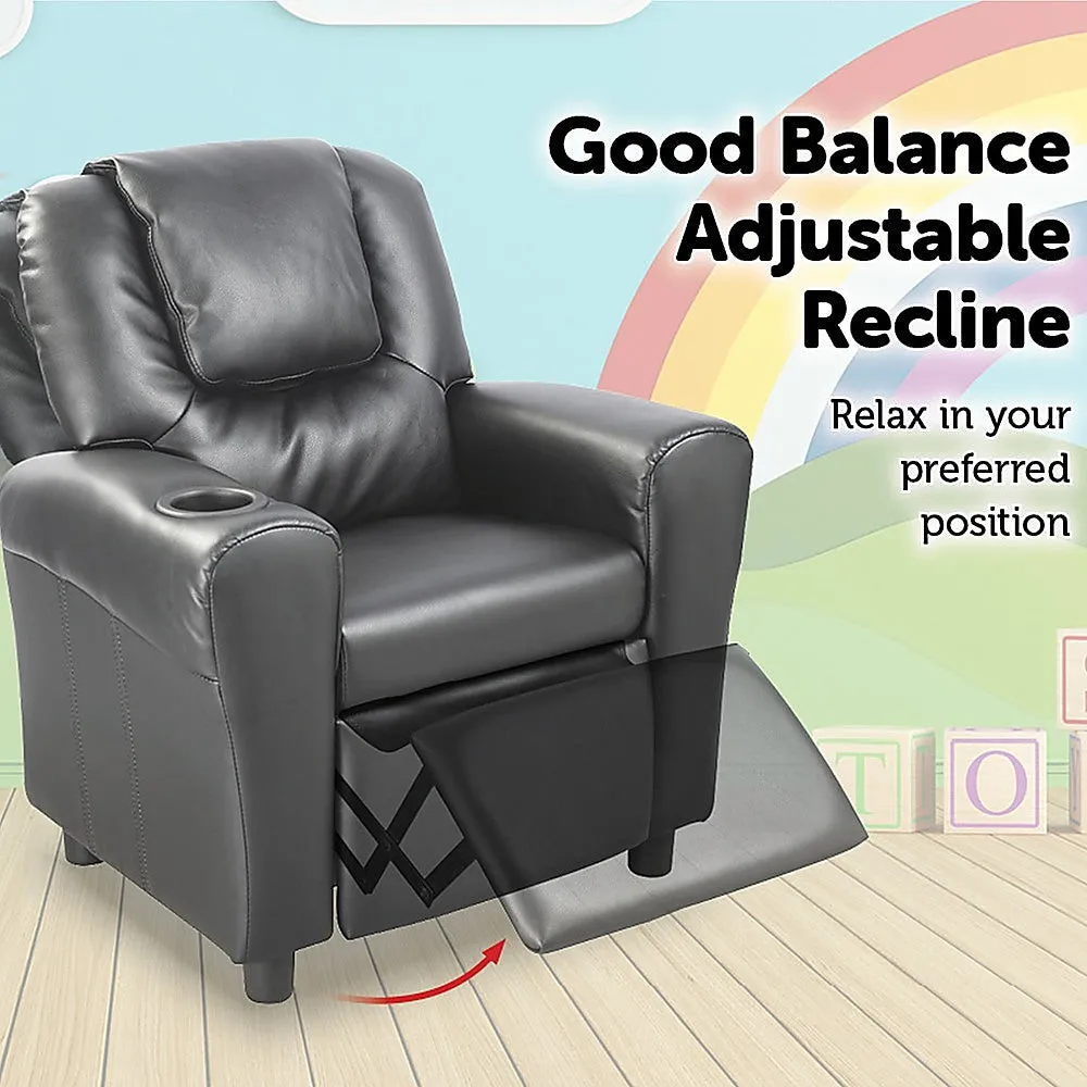 Black PU Leather Kids Recliner Chair with Drink Holder