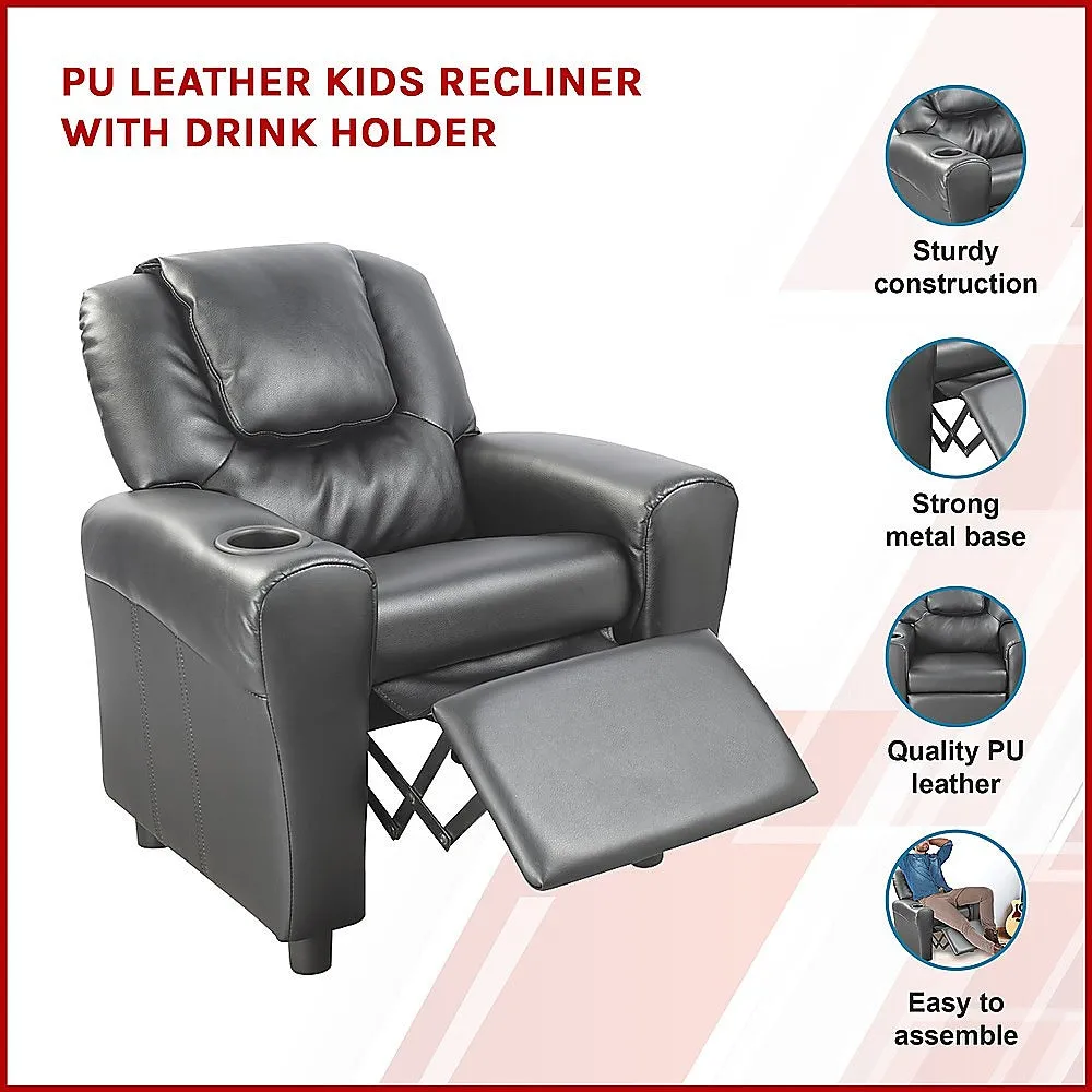 Black PU Leather Kids Recliner Chair with Drink Holder