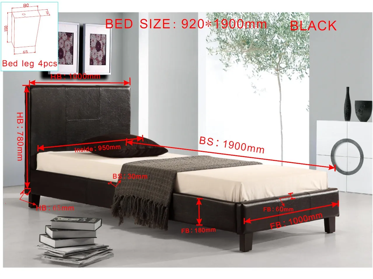 Black PU Leather Single Bed Frame, Padded Headboard