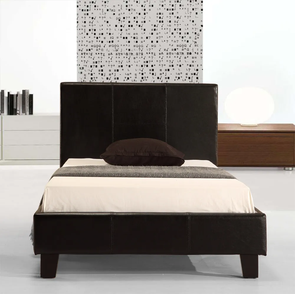 Black PU Leather Single Bed Frame, Padded Headboard