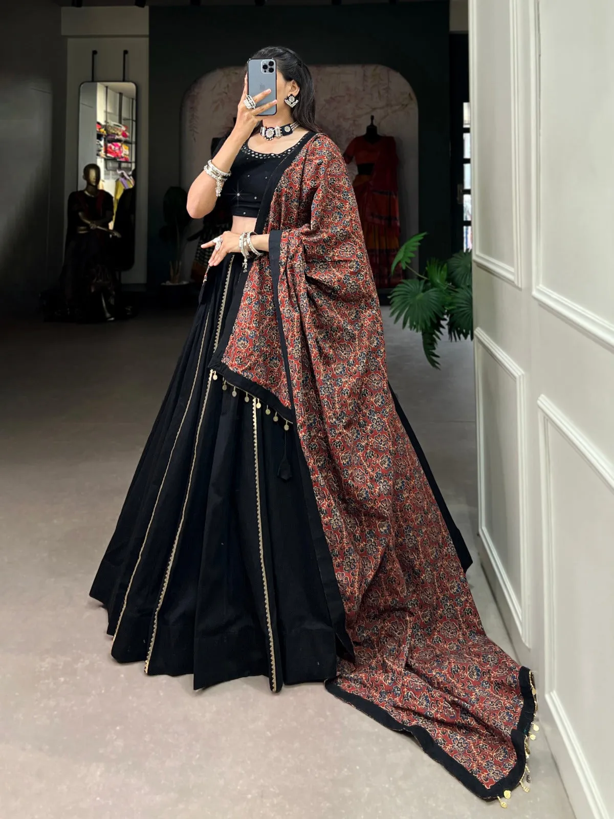 Black Pure Cotton Lehenga Choli Set with Purse