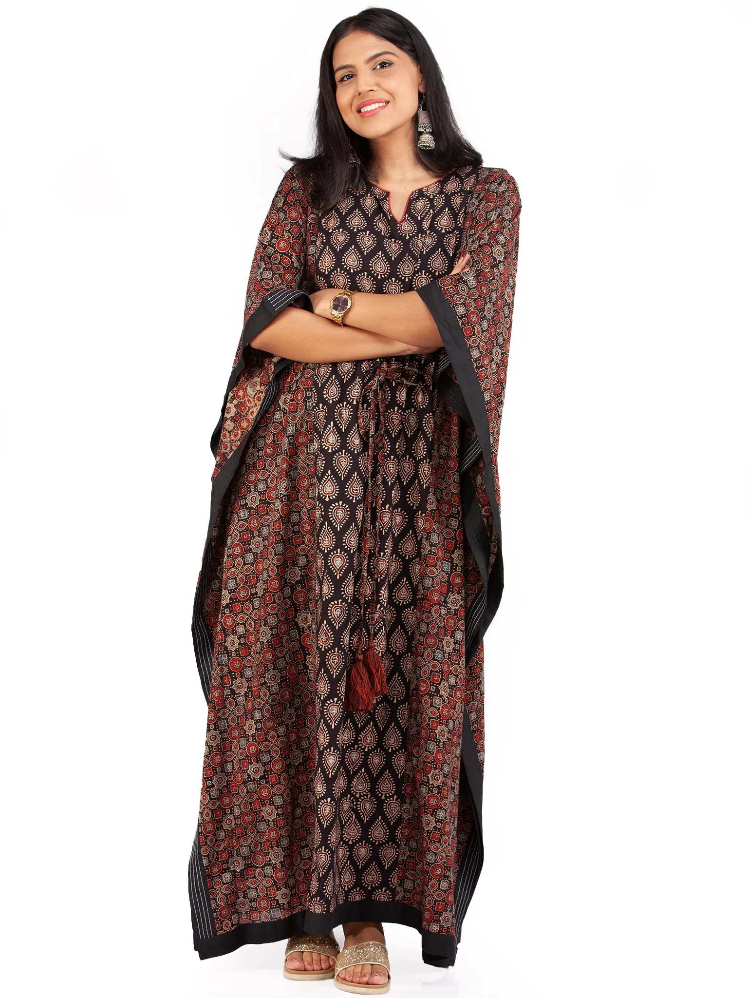 Black Red Ajrakh Hand Block Printed Kaftan - K145F1795