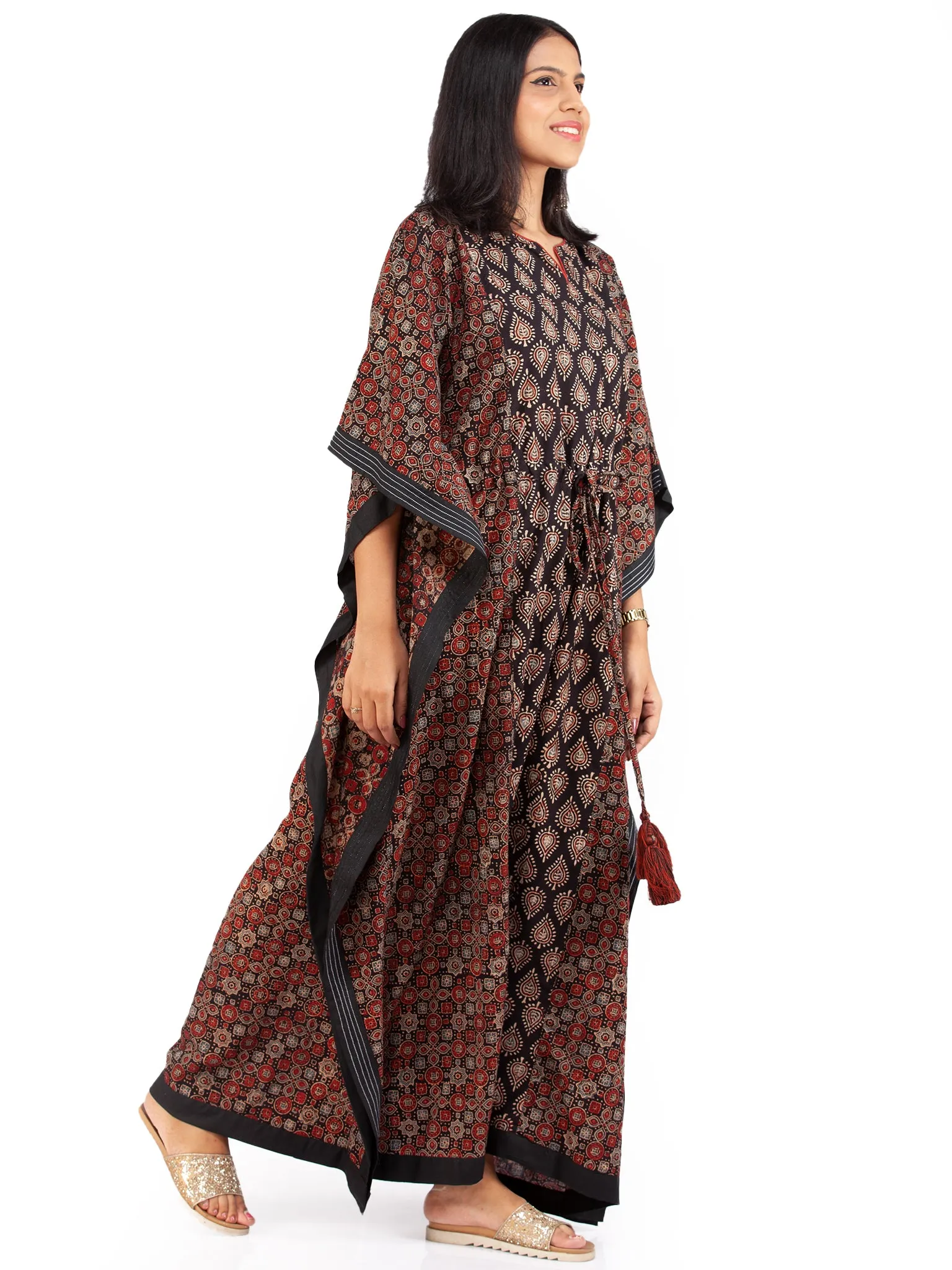 Black Red Ajrakh Hand Block Printed Kaftan - K145F1795