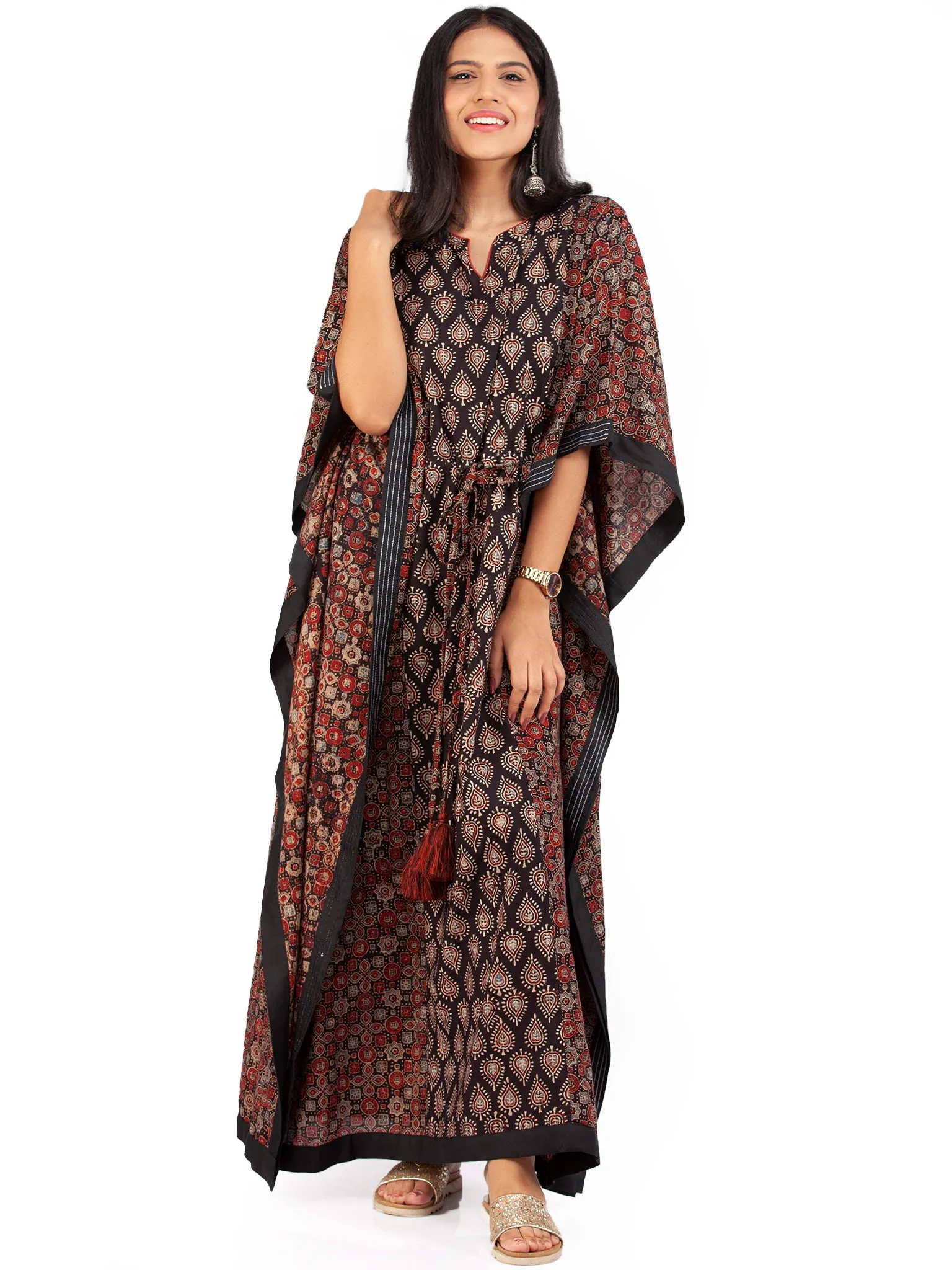 Black Red Ajrakh Hand Block Printed Kaftan - K145F1795