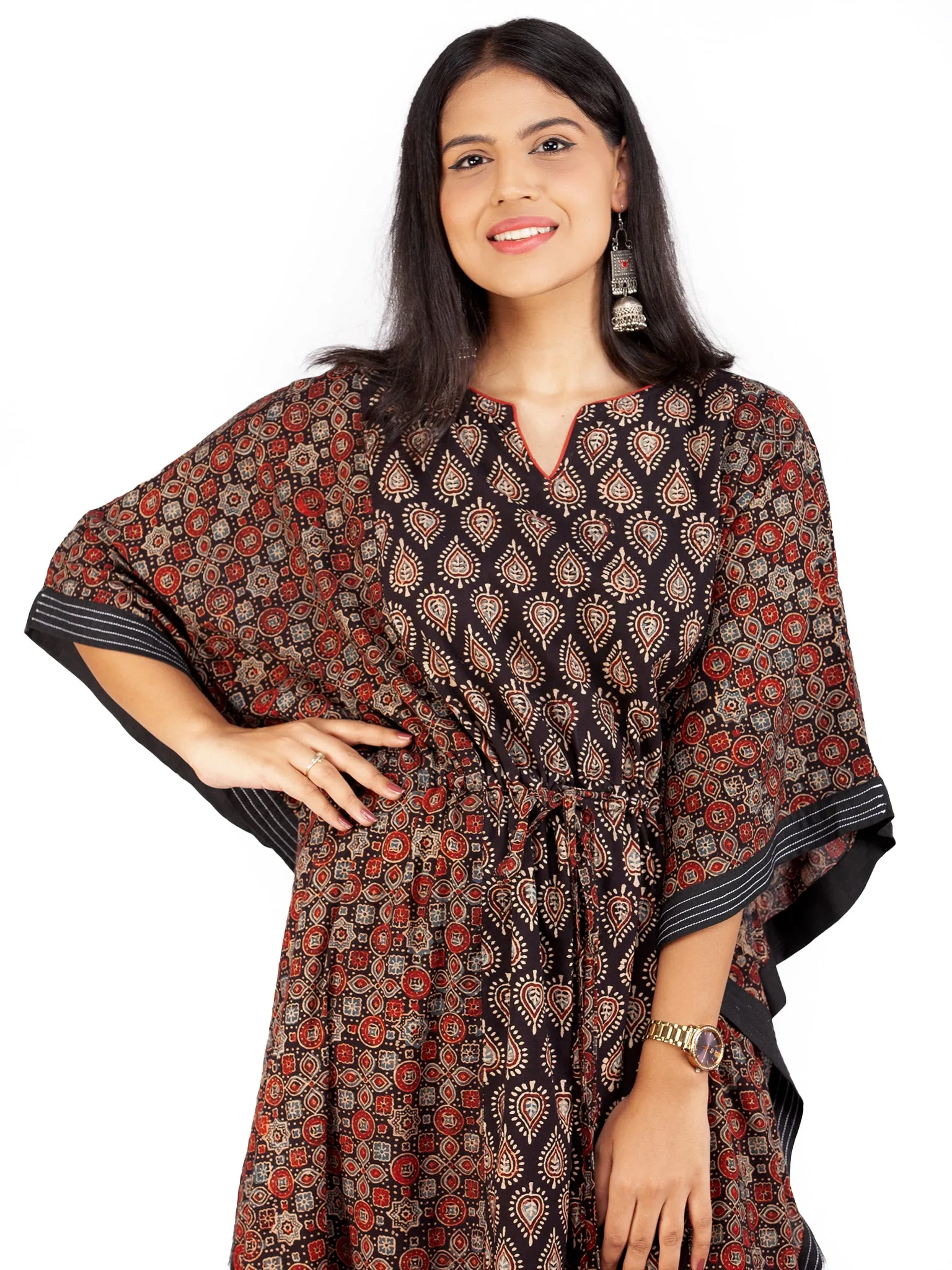 Black Red Ajrakh Hand Block Printed Kaftan - K145F1795