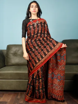 Black Red Indigo Ajrakh Hand Block Printed Modal Silk Saree in Natural Colors - S031703366