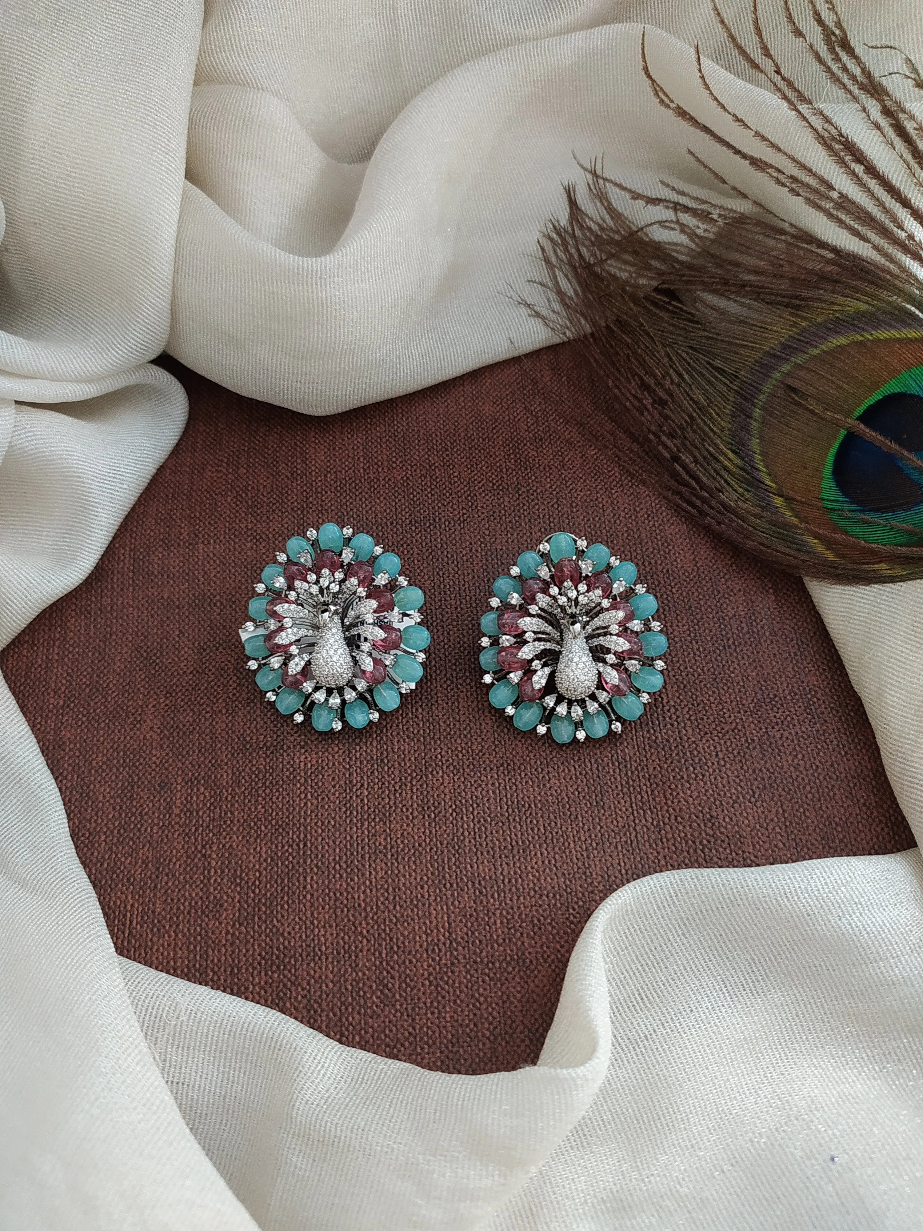 Black Rhodium Victorian Diamond Peacock Studs with Beads and Zircon Stones