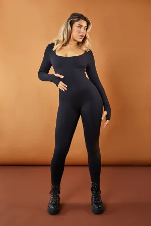 Black Rib Knit Square Neck Jumpsuit - Siobhan