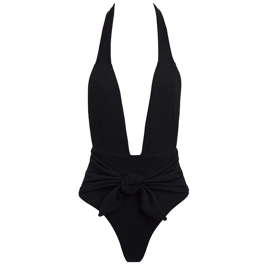 Black Rib Tropez Tie-up One-piece