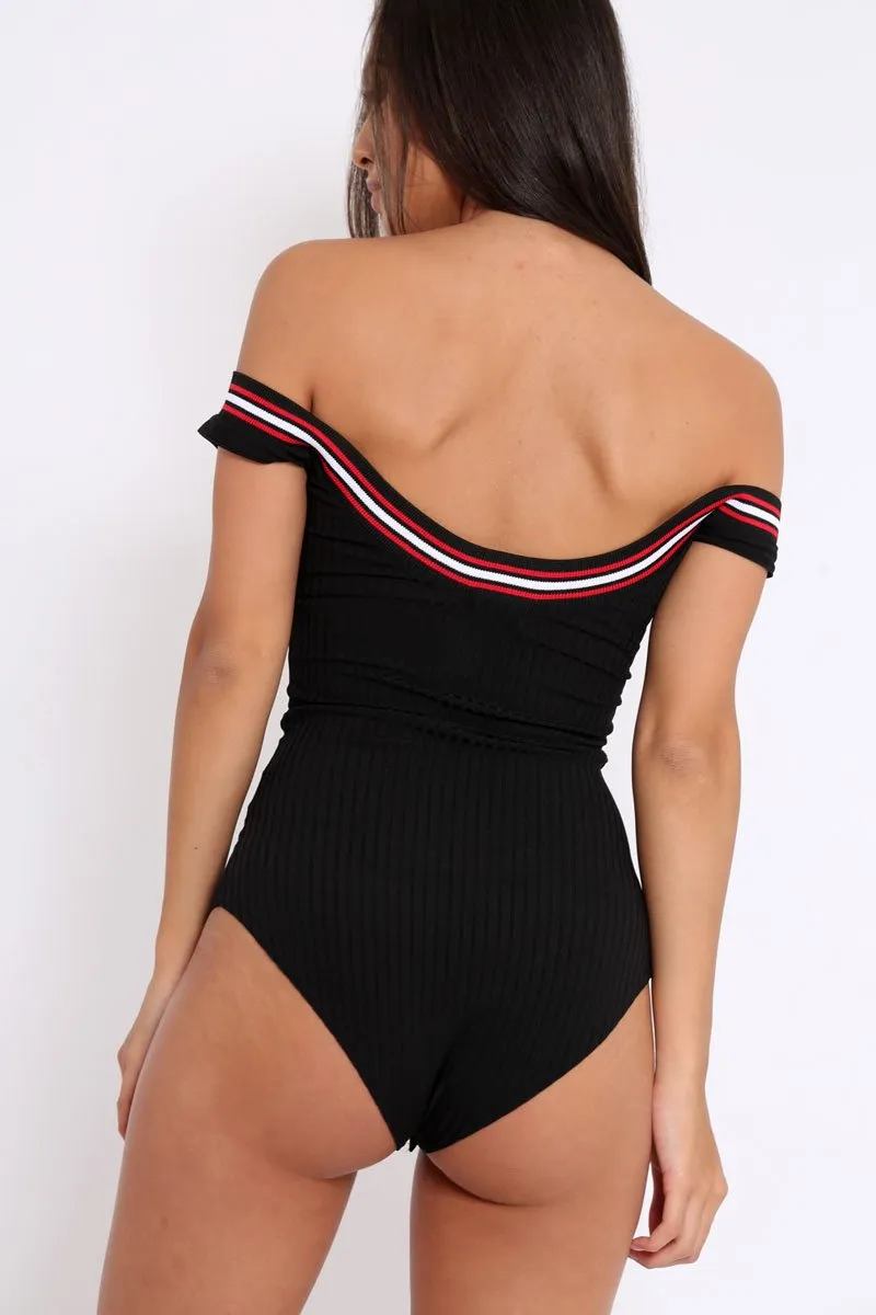 Black Ribbed Bodysuit with Sport Trim - Tracey