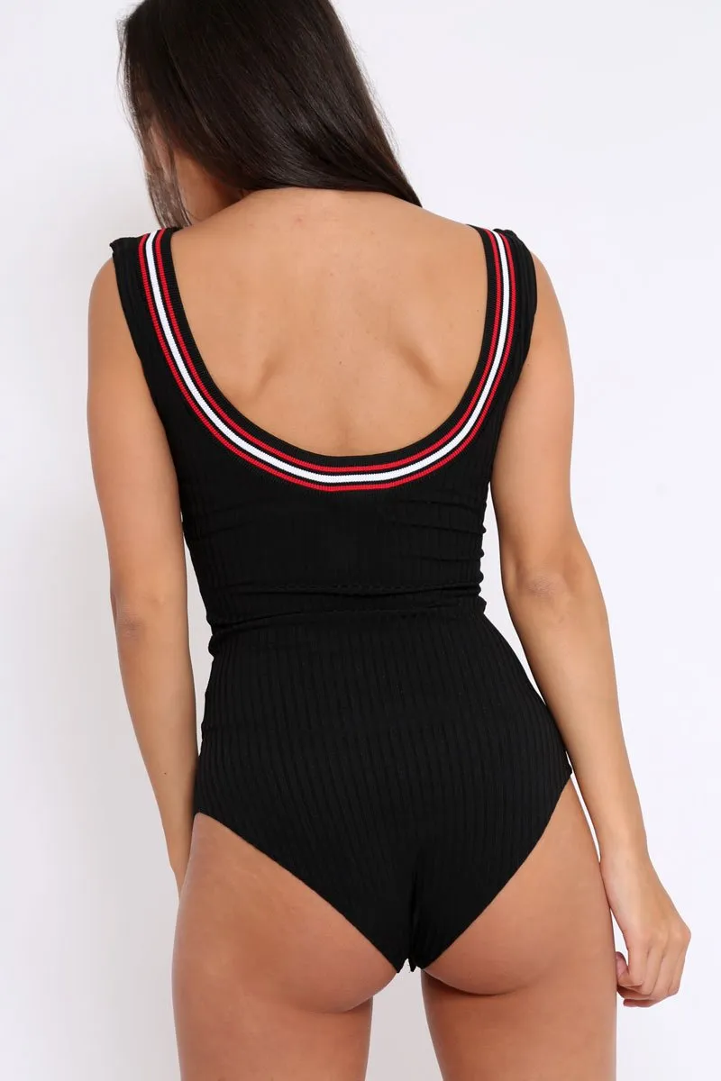 Black Ribbed Bodysuit with Sport Trim - Tracey