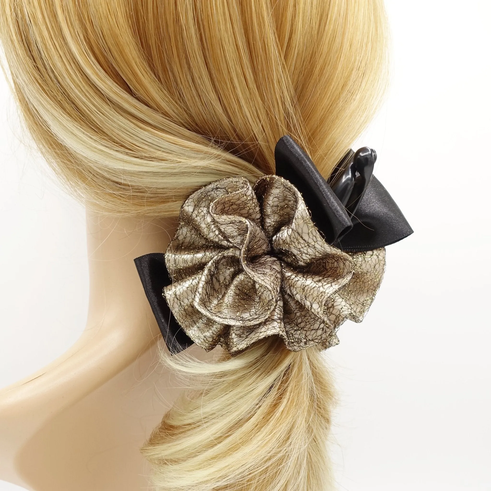 Black Ribbon Bow Golden Mesh  Fabric Flower Banana Hair Clip