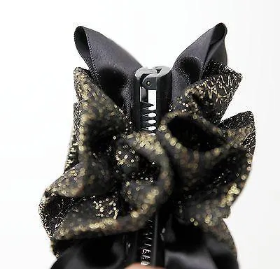 Black Ribbon Bow Golden Mesh  Fabric Flower Banana Hair Clip