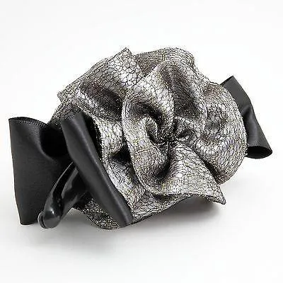 Black Ribbon Bow Golden Mesh  Fabric Flower Banana Hair Clip