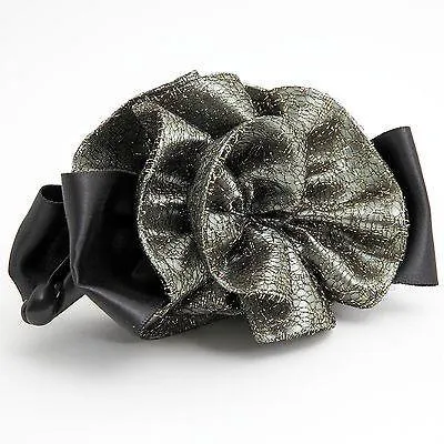 Black Ribbon Bow Golden Mesh  Fabric Flower Banana Hair Clip