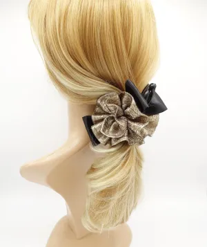 Black Ribbon Bow Golden Mesh  Fabric Flower Banana Hair Clip