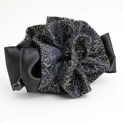 Black Ribbon Bow Golden Mesh  Fabric Flower Banana Hair Clip