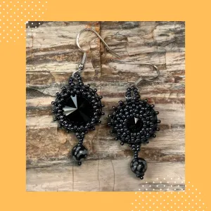 Black Rivoli with Snowflake Obsidian Bead Earrings (Front and Back View)