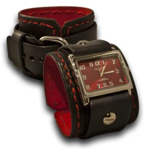 Black Rockstar Leather Cuff Watch with Red Hand Stitching