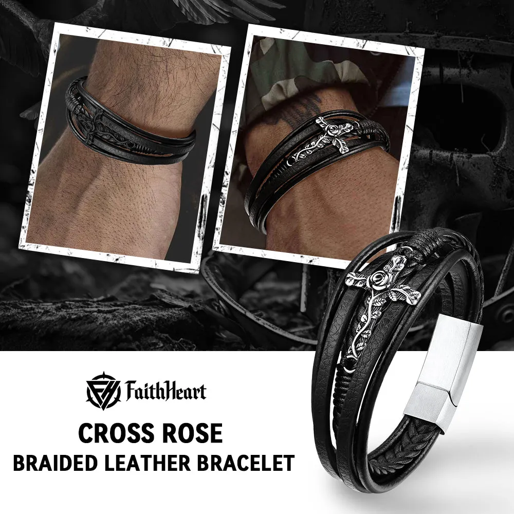 Black Rose Cross Braided Leather Bracelet Gift for Men