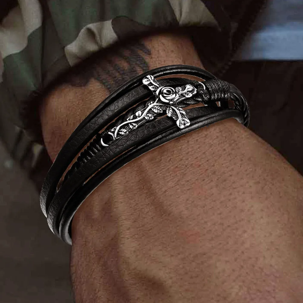 Black Rose Cross Braided Leather Bracelet Gift for Men