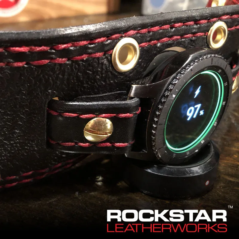 Black Samsung Leather Cuff Watch Band with Stainless Snaps