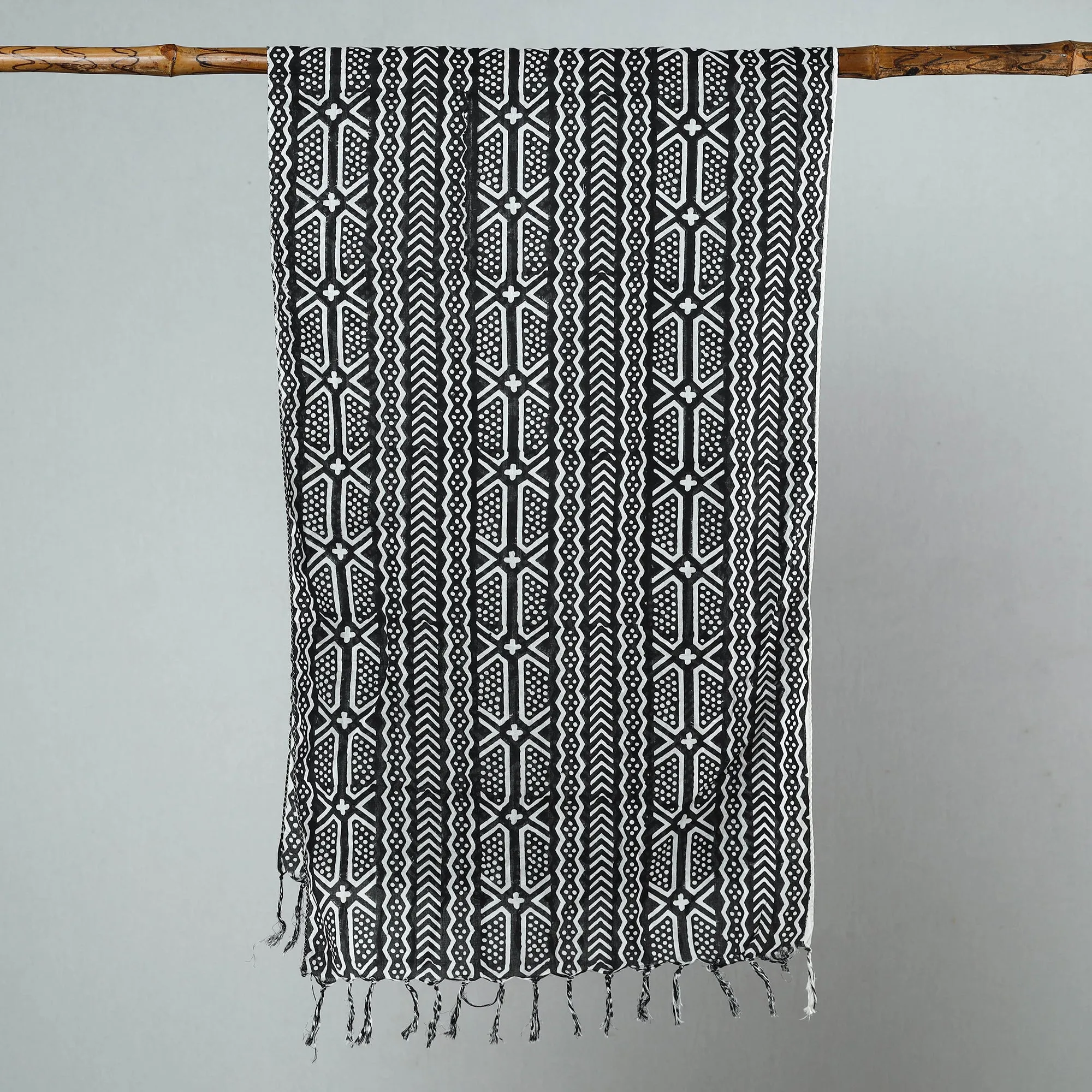 Black - Sanganeri Block Printed Cotton Stole with Tassels 41