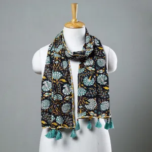 Black - Sanganeri Block Printed Cotton Stole with Tassels