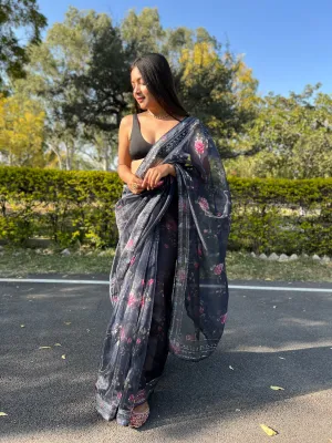 Black Saree in Pure Soft Organza Floral Printed Grey Sequins Coding Work