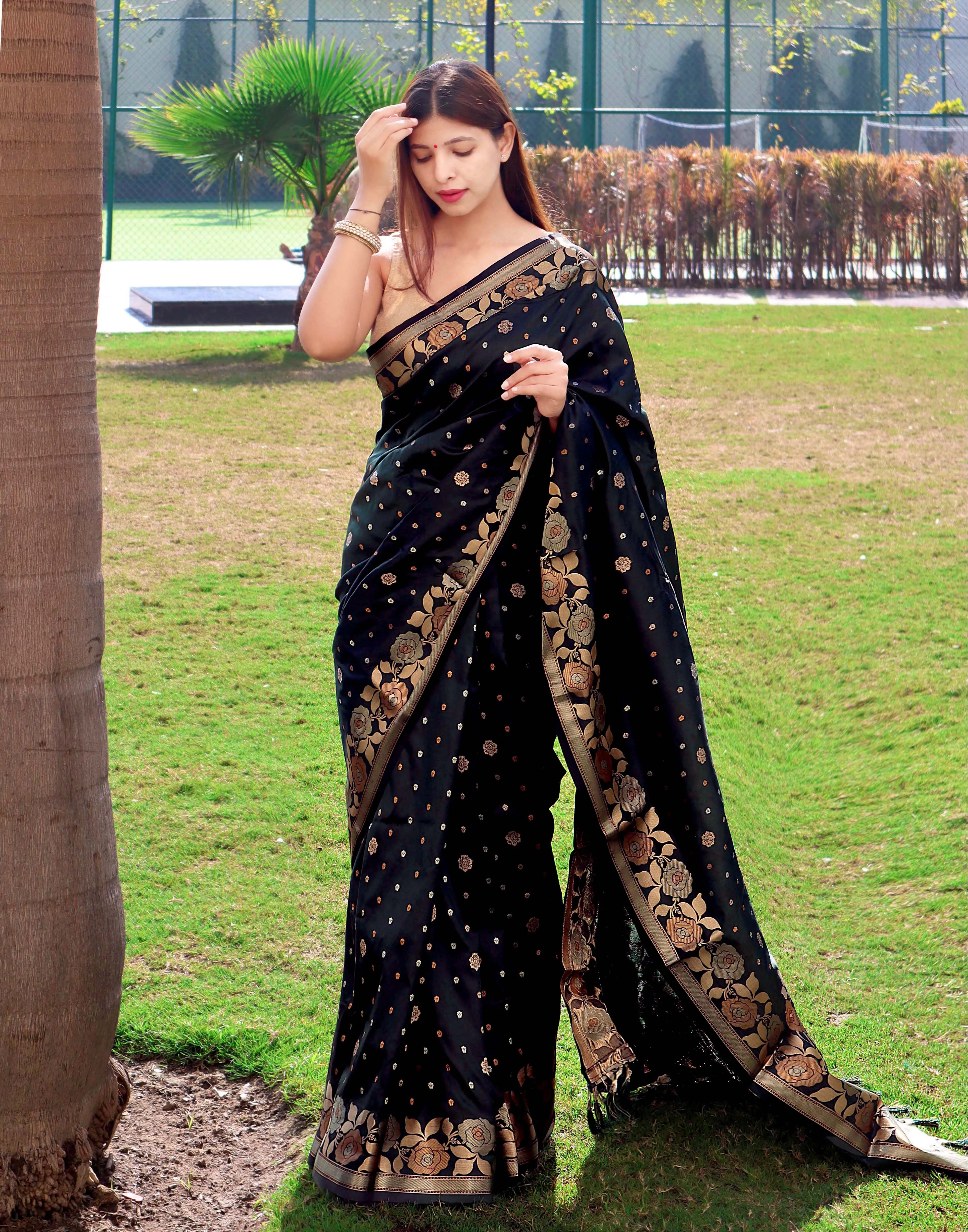 Black Saree in Soft Silk with Floral Woven Border and Pallu