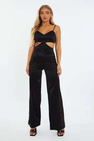 Black Satin Cut Out Fitted Jumpsuit - Sofia