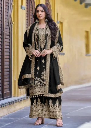 Black Semi Pure Chinnon Embroidered Wedding Palazzo Suit