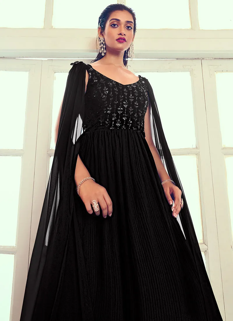 Black Sequence Embroidery Cape Style Designer Gown