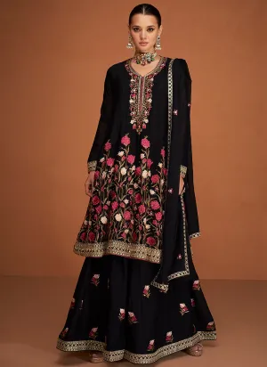 Black Sequence Embroidery Sharara Style Suit